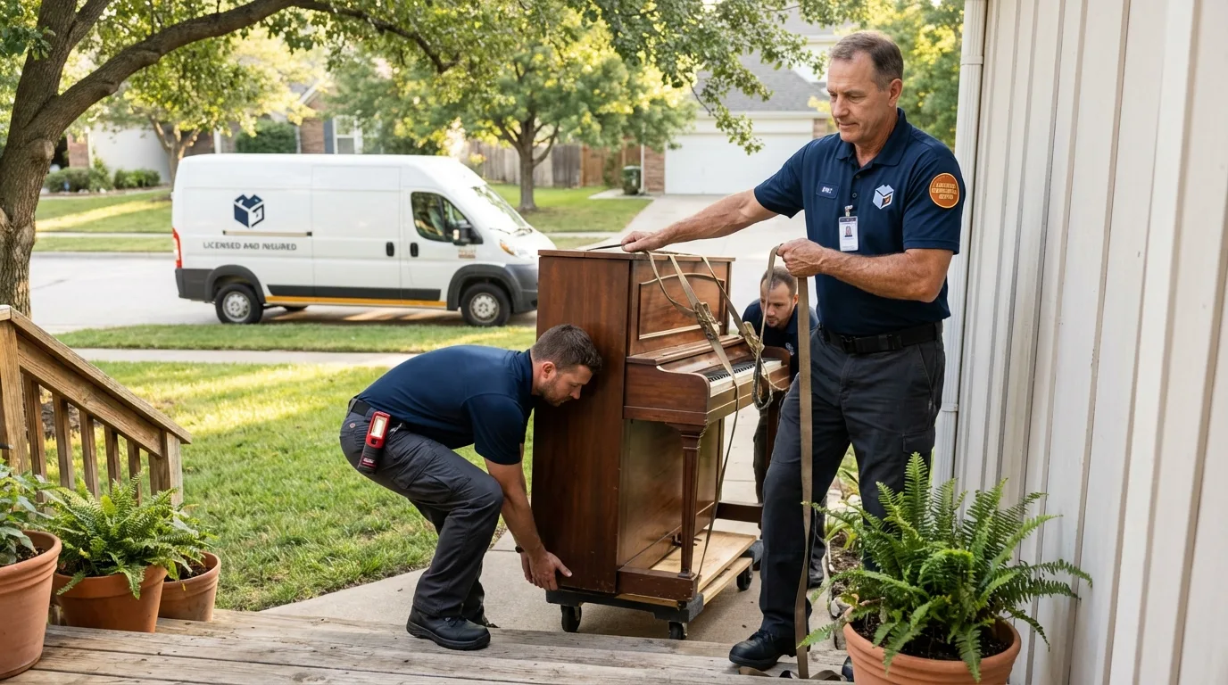 Licensed piano movers securing grand piano in Seward, NE