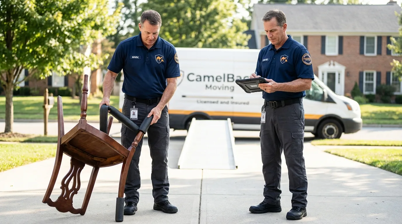 Movers inspecting furniture for damage prevention before loading in Seward, NE